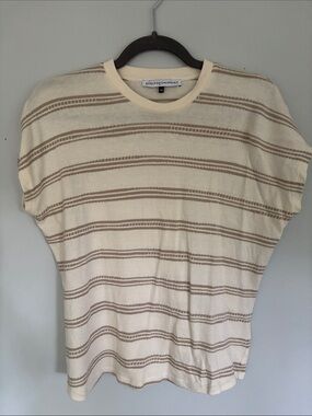 Adolfo Dominguez Cream and Tan Striped Crewneck Sweater